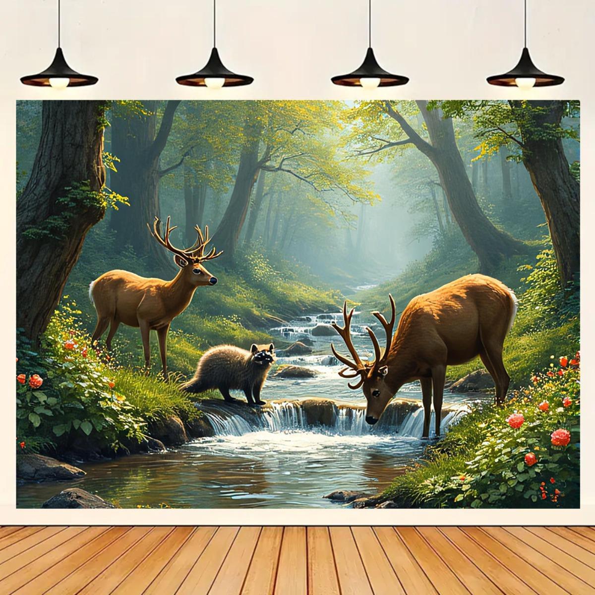 Deer Forest Stream Wall Mural  - Interior Design Landscape avis et prix